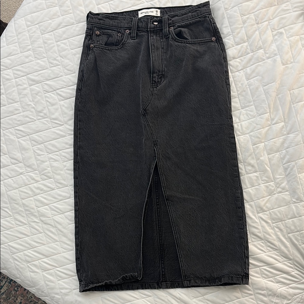 Black Denim Midi Skirt with front slit